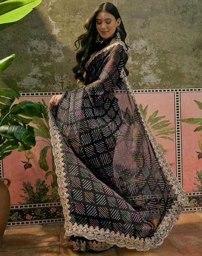 Image of SIRIL Women's Chiffon Scalloped Border Sequins Embroidery Saree with Unstitched Blouse Piece