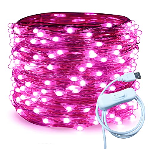Image of RUICHEN Silver Wire 66 Ft 200 LED USB Fairy String Lights with On /Off Switch (Pink)