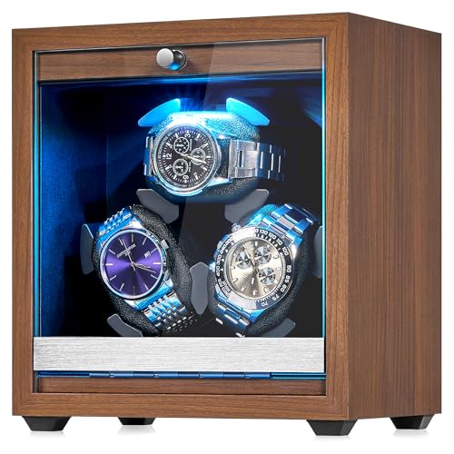 ANWBROAD Watch Winder for Automatic Watch 3 Watch Rotator with LED and 4 Rotating Modes Wooden Automatic Watch Winder Super Quiet Japanese Motor Memory Foam Pillows with Adapter Gift for Man UJWW013M