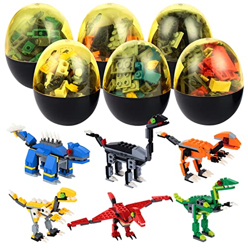 6 Pcs Pre Filled Easter Eggs with Dinosaur Building Blocks, ThinkMAX Mini Animal Toys for Easter Basket Stuffers, Easter Party Favors, Easter Basket Filler, Easter Egg Hunt Classroom Prize Toys
