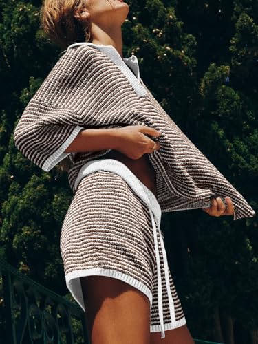 Image of Tankaneo Womens Sweater Set 2 Piece Outfits Oversized 3 /4 Sleeve V Neck Knit Tops High Waisted Shorts Lounge Sets