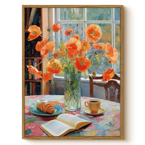 Vintage Framed Wall Art 12x16 Inch Floral Canvas Print with Poppy Flowers, Still Life Oil Painting Coffee Cup and Open Book Artwork, Aesthetic Living Room Bedroom Dining Room Farmhouse Decor Gift