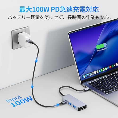 USB-C 変換アダプタ 4-in-1「4K HDMI映像出力＋PD 100W 急速充電＋USB3.0高速データ転送」HDMI Type C ハブ 在宅勤務 設定不要 タイプc 変換 アダプタ MacBook Pro/Air、iPad Pro、Switch、iMac、XPS、Surface Goなど対応