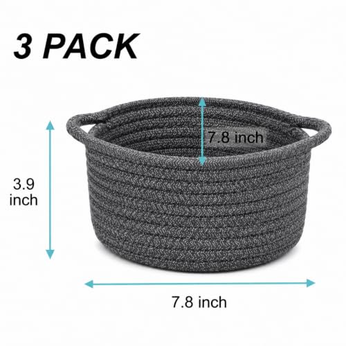 Image of Small Woven Cotton Rope Baskets with Handle, Set of 3, Grey | Boho Round Design, Bathroom Organizer, Safe for Kids & Pets, Chemical-Free Cotton, Multi-Room Storage