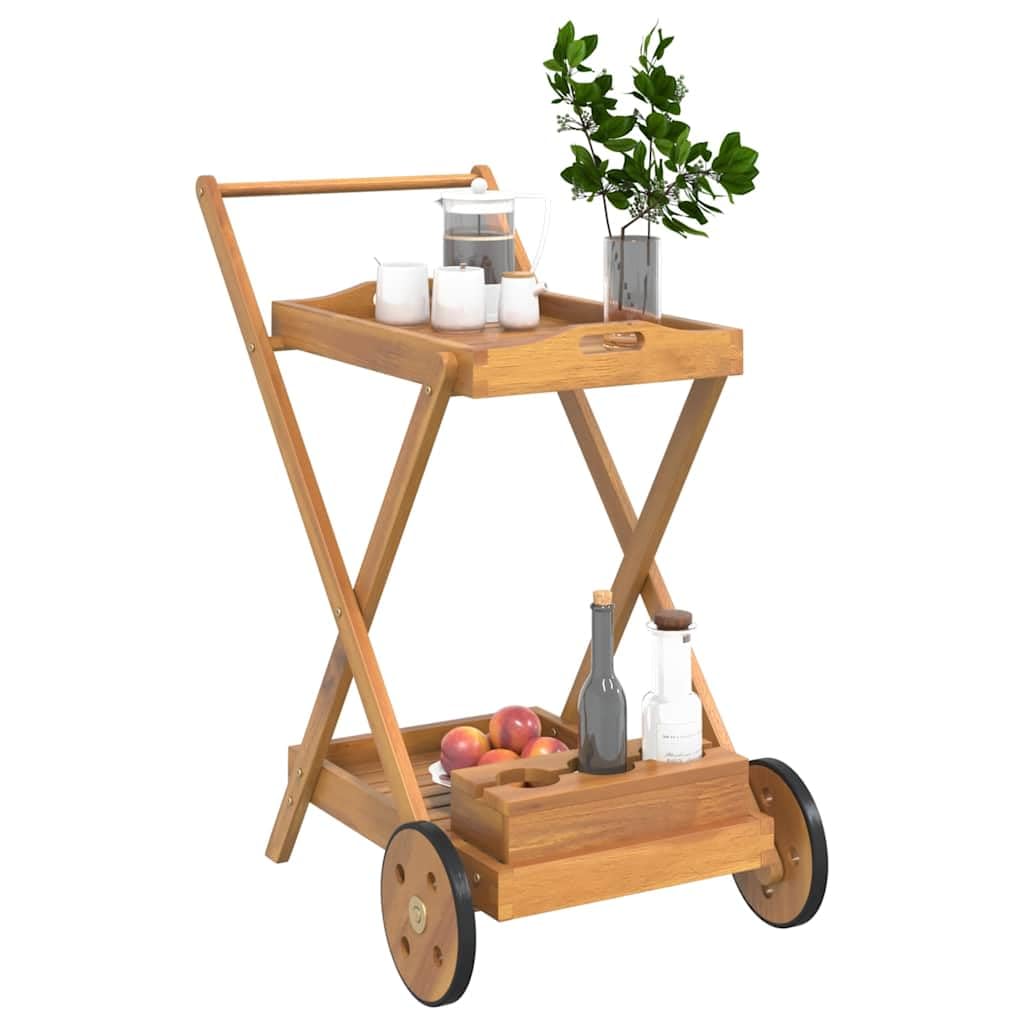 Mangloder - Carrito de té de madera maciza de acacia, 54 x 87 x 90 cm, carrito de servicio con ruedas, carrito de cocina con 2 niveles, soporte para botellas y 2 ruedas, portátil para cocina y terraza
