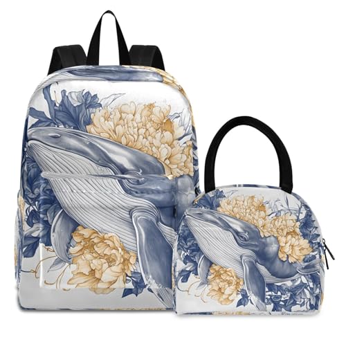 Backpack Lunch Bag Set Floral Whale Print, Big Storage Travel Backpacks with Insulated Lunch Box for Office Hiking Picnic