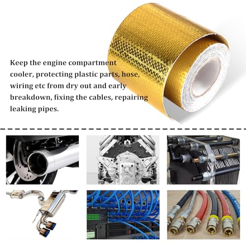 Image of Wevdn Heat Shield Reflective Tape, 2 inchx16.4FT Adhesive Backed Heat Barrier Tape Roll, Gold High-Temperature Self Adhesive Reflect Backed Sheet Compatible with Car Intake Pipe Engine Bay