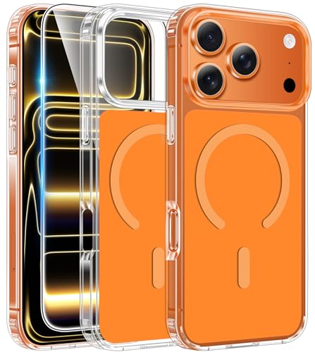 Image of FNTCASE for iPhone 17 Pro Case: Clear Magnetic Phone Cases with Screen Protector Compatible with Magsafe Slim Anti Yellowing Rugged Shockproof Protective Transparent Cell Phone Cover (Orange)