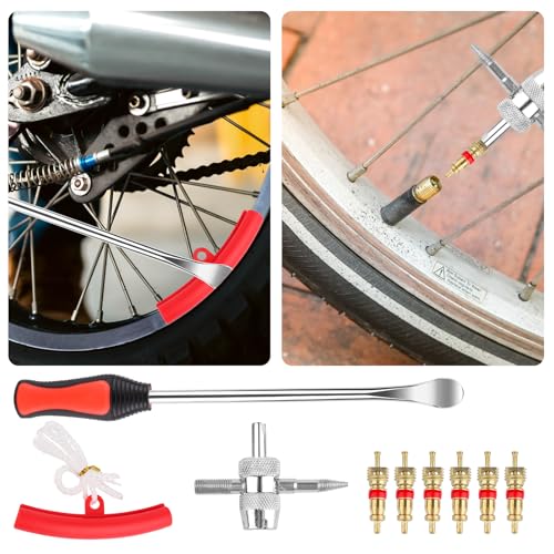 TNEDFOD Reifenmontierhebel Reifen Montiereisen 13 Stück, Reifenheber Montierhebel Werkzeug mit 30,5cm Reifenheber, Felgenschutz und Ventilkerne, Fahrrad Reifenheber Set für Motorrad, Wagen Reifen
