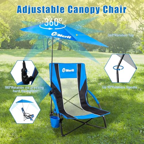 Image of EMERIT Low Beach Chairs for Adults with Removable UPF 50+ Umbrella, Lightweight Folding Backpack Camping Chair with Cup Holder, Portable Sand Chair for Beach, Picnic, Lawn