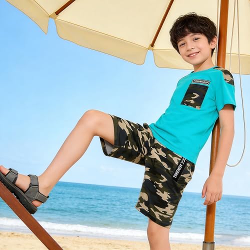 Image of LOLANTA Boy Summer Outfit Casual Clothes 2Pcs Cotton T-shirt Shorts Set | Kids Short Sleeve T-Shirt, Boy Camouflage Knee-length Shorts, Breathable Fashion Outfits, School Daily Matching Clothing Sets
