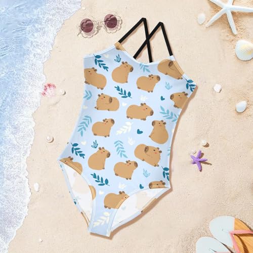 Girls One Piece Swimsuits Cute Capybara Simple Flower Yellow Pattern Cute Swimwear Bathing Suits 3-10T4
