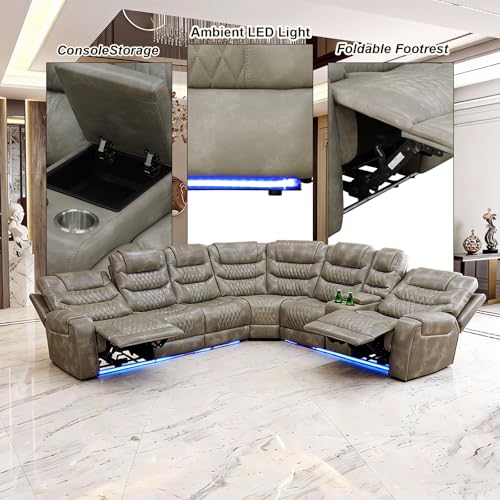 Image of Power Reclining Sectional Sofa Set, Leather Reclining Sectional Couch with USB Ports & Storage, Living Room Sofa Set for Modern Living Room Comfort (Grey)