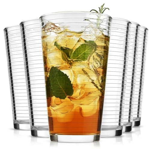 ALINK 16 oz Drinking Glasses, Set of 6 Highball Glasses, Ribbed Glassware Glass Cups, Water Glasses for Beer, Iced Coffee Cups, Cocktail Glasses, Wine, Iced Tea, Dishwasher Safe by ALINK - Used condition - US$21.24