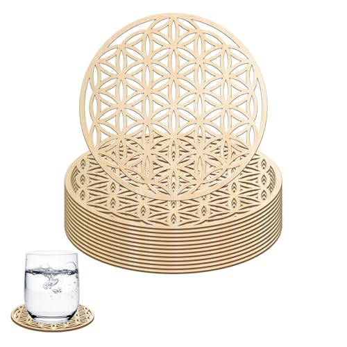 Fleur de Vie - Set di 14 pezzi in legno per ricaricare e purificare le pietre, sotto vetro per meditazione, 10 x 10 cm