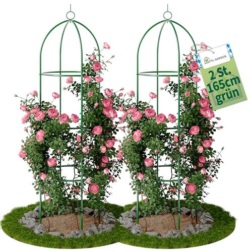 TTL Garden Obelisk Rankhilfe L 165x40cm grün 2er Set - Rosen Rankgitter Metall rostfrei für Kletterpflanzen Rosen Clematis - pulverbeschichteter Stahl 165 cm hoch 40cm Ø Rankturm Tomaten Gurken