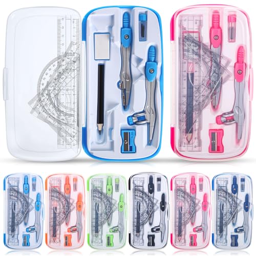 Zonon 6 Sets Math Geometry Kit Student 10 Pcs Shatterproof Storage Box Includes Compass, Rulers, Protractor, Eraser, Pencil Sharpener, Lead Refills, Pencil for Back to School Students Class Teacher