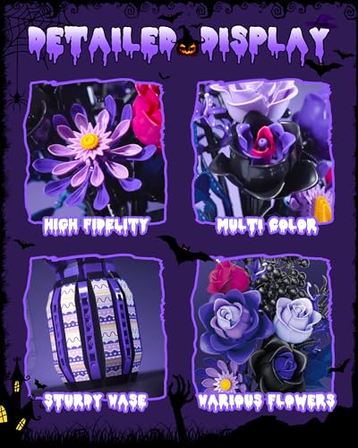 Image of Purple Flowers Building Set with Vase for Adults, Gothic Black Roses Floral Bouquet, Compatible with Lego Botanical Collection, Cool Home Office Decor Mother's Gift for Her, Women, Girls, 14+