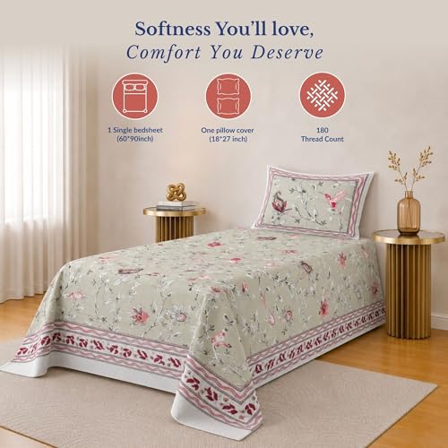 Image of Jaipur Weaves Single Bed Cotton Bedsheet with 1 Pillow Cover, 100% Pure Cotton Single Bedsheet 60x90 Inches, 180 TC Soft Breathable Bird Bed Sheet - (Bud Green Bird)