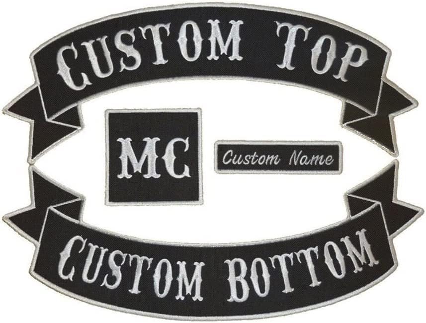 Custom Patches Set for Biker Vest, MC, Motorcycle Rockers & Name Patches (White on Black Custom)