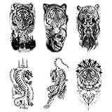 JuZi Store 6 Sheets Black Realistic Tiger Temporary Tattoos for Men Fake Forearm Transfer Tattoo Stickers,Tiger Sexy Skull Fake Tattoos Women for Halloween Christmas