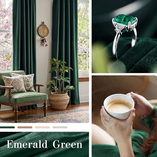 Image of Extra Long Green Velvet Curtains Grommet 52x108 Inch 2 Panels | Soft Velvet, For Tall Windows & High Ceilings, Light Shifting Texture, Elegant Drape, Classic