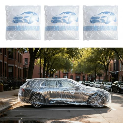 LEIFIDE 3pcs Universal Large Plastic Car Covers 15.7X 24.6ft Extra Clear Reusable Car Cover with Elastic Band for SUV Sedan Mini Van and Outdoor Snow Rain Wind Dust Frost