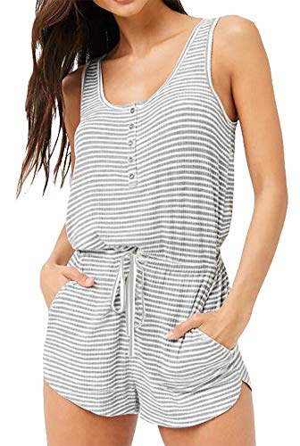 Artfish Women Sleeveless Buttons Lounge Pajamas Rompers Striped Shorts Jumpsuit with Pockets LightGrey,S