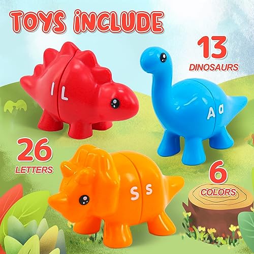 Montessori Learning Toys for Toddlers 1-3, Matching Letters Fine Motor Toy, Double-Sided 26 PCS ABC Dinosaur Alphabet Games for Kids Ages 3-5, Alphabet Learning Dinosaur Set for Kindergarten
