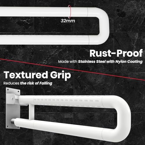Image of AGEasy (Max Group) Stainless Steel Flip-Up Grab Bar | 17 Inch Bathroom Handle for Seniors with Anti-Slip Nylon Grip | Space-Saving Safety Bar for Shower, Toilet & Bedside