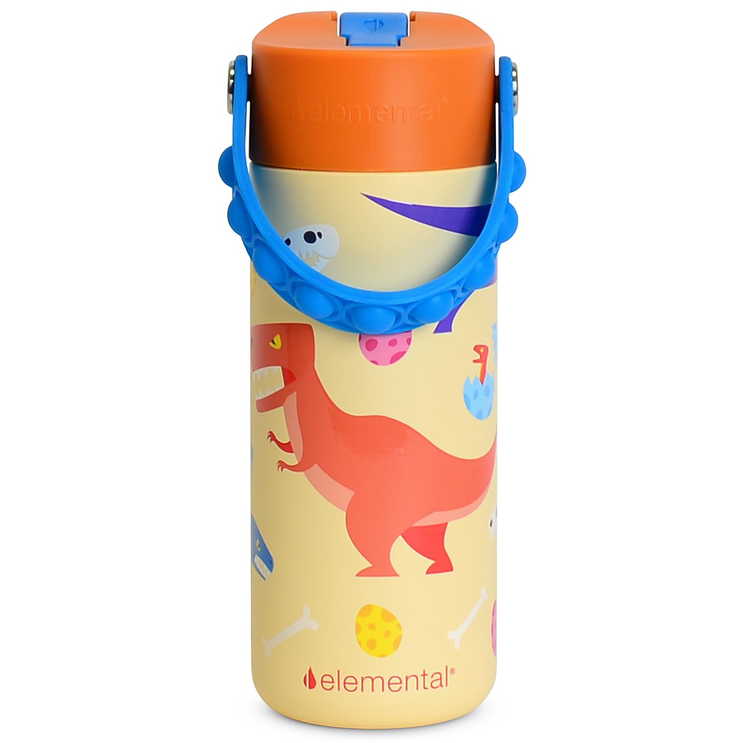 Elemental Insulated Kids Water Bottle, Stainless Steel Water Bottle with Straw Lid & Pop-It Handle, Leak-Proof Water Bottles for School, Boys or Girls, Travelling and Sports, 530ml - Dino Rage