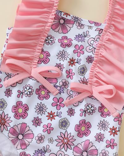 Image of Toddler Girl Swimsuit Baby Girl Bathing Suit Long Sleeve Floral Zipper One-Piece Rash Guard Swimsuit with Hat
