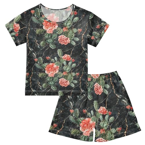 ALAZA Cactus Rose Marble Pajama Set Short Sleeve Sleepwear Soft Lounge Nightwear