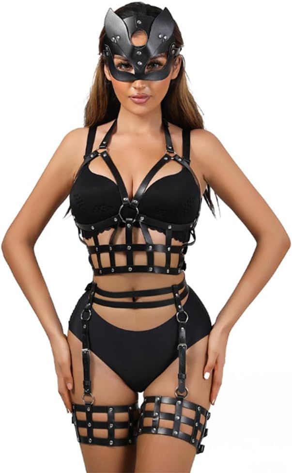 3pcs Set Full Body Strappy Lingerie Nightclub Party Women Leather Harness With Eye Mask