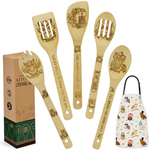 Owl Gifts for Women, Cute Kitchen Cooking Utensils Set include Unique Bamboo Cooking Spoons Apron, Personalized Christmas Mother's Day Housewarming Gift Idea for Mom Owl Lovers