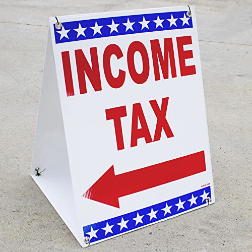 Vibe Ink Income Tax With Directional Arrows (Left Arrow And Right Arrow) Sandwich Board 18" X 24" Red & Blue On White Corrugated Plastic Sign Printed 2-Sides Signage Kit. Outdoor Use - Waterproof, Wind Resistant! Made In America! #TOP3