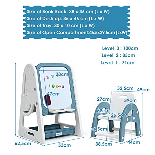 LIFEZEAL Juego de mesa con caballete magnética y librería, mesa con pizarra blanca, escritorio infantil con tabla plegable de dibujo, caballete ajustable con silla ergonómica para niños 3 años+ (Azul) - imagen 5