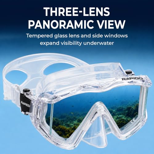 Equipo de snorkel para adultos, máscara panorámica de 3 ventanas con cristal templado y snorkel seco miniatura 6