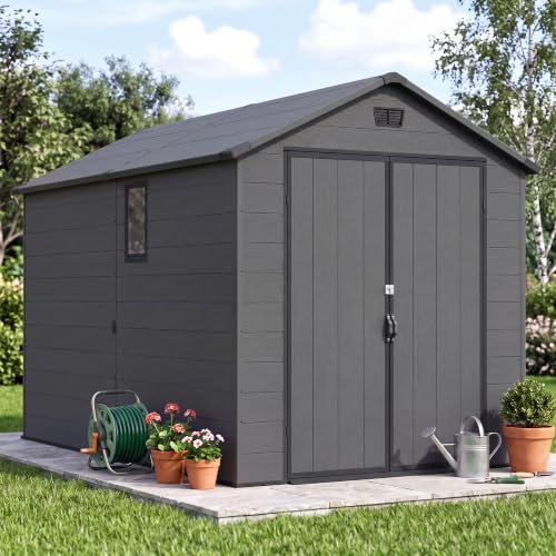 Image of Greesum 6x10FT Plastic Storage Shed with Floor, Resin Outdoor Storaged Sheds with Lockable Double Door, Window and Vents, All-Weather Tool Sheds for Patio, Garden, Backyard, Dark Gray