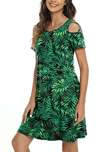 Kuotai Casual Dresses For Women Summer Short Sleeve Cold Shoulder Beach Dress With Pockets(Leaf Green, X-Large) #TOP1