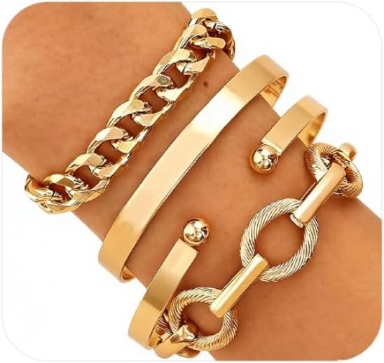Chunky Gold Bracelets for Women Boho Stackable Bangle Cuff Bracelet Set Layered Link Chain Bracelet Adjustable Butterfly Pearl CZ Tennis Statement Bracelets Dainty Jewelry