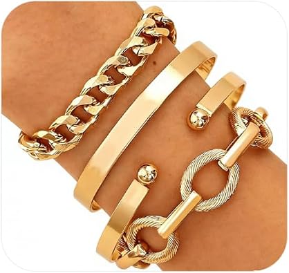 Chunky Gold Bracelets for Women Boho Stackable Bangle Cuff Bracelet Set Layered Link Chain Bracelet Adjustable Butterfly Pearl CZ Tennis Statement Bracelets Dainty Jewelry