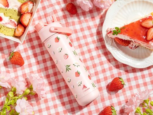 Image of POWCAN 26 oz Insulated Water Bottle with 2-in-1 Straw and Spout Lid, Keep Cold 24H, Leak-Proof, Fits in Car Cup Holder, Stainless Steel Water Bottle for Sports, Travel, Gift (Sun-Kissed Strawberry)