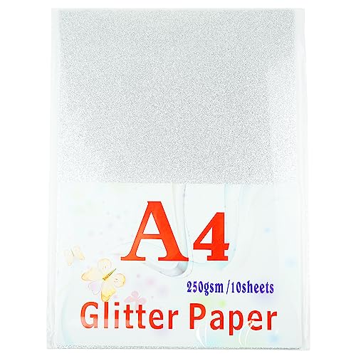 A4 Glitzerkarten, silberner Bastelpapier, 250 g/m² glänzender Glitzerkarton, Tonzeichenkarte für Kunsthandwerk und Kunst, Heimwerkerbedarf, Geschenkverpackung, Scrapbook, weicher Luxus (10 Blatt)