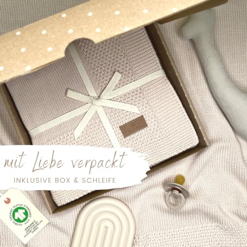 DIKOS® Naturbeige Babydecke mit Bordüre – weich gestrickt aus 100% Bio-Baumwolle GOTS & Oeko-TEX – atmoaktiv für Neugebo