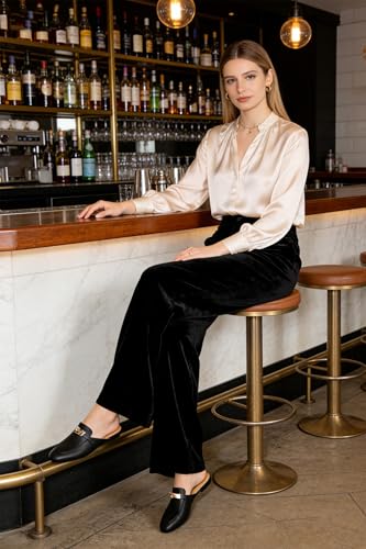 Image of Design Mules for Women, Almond Toe Slip-On Flats, Backless Loafers with Matal Buckle, Comfort Casual & Dressy Shoes