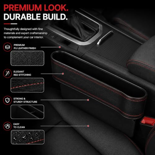 Image of Car Seat Gap Filler Organizer, Car Seat Storage Box, Car Organiser and Storage Console Side Pocket for Phone, Wallet, Keys & Coins, Leather Finish Car Interior Organizer, Black