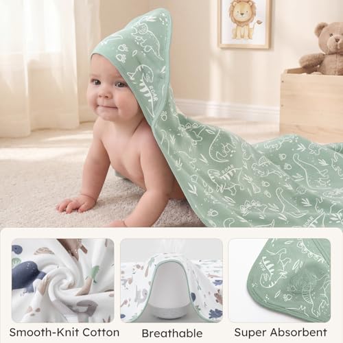 Image of Hooded Baby Towels for Newborn,100% Cotton Baby Bath Towels with Hood for Infant Toddler Boy Girl, 2 Pack 32x32 Inch Soft & Absorbent Knit Terry Bath Essentials Green Dinosaur