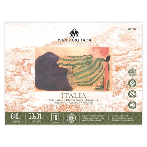 Magnani 1404 Italia Cold Press 100% Cotton Watercolor Paper Block, 10 Sheets, 12x16 inch, 300 lb, Acid-Free, UV Resistant, Vegan Sized Water Color Paper for Artists, Made in Italy