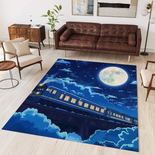 Tapis de chambre doux et sain train bleu lune lavable sans perte